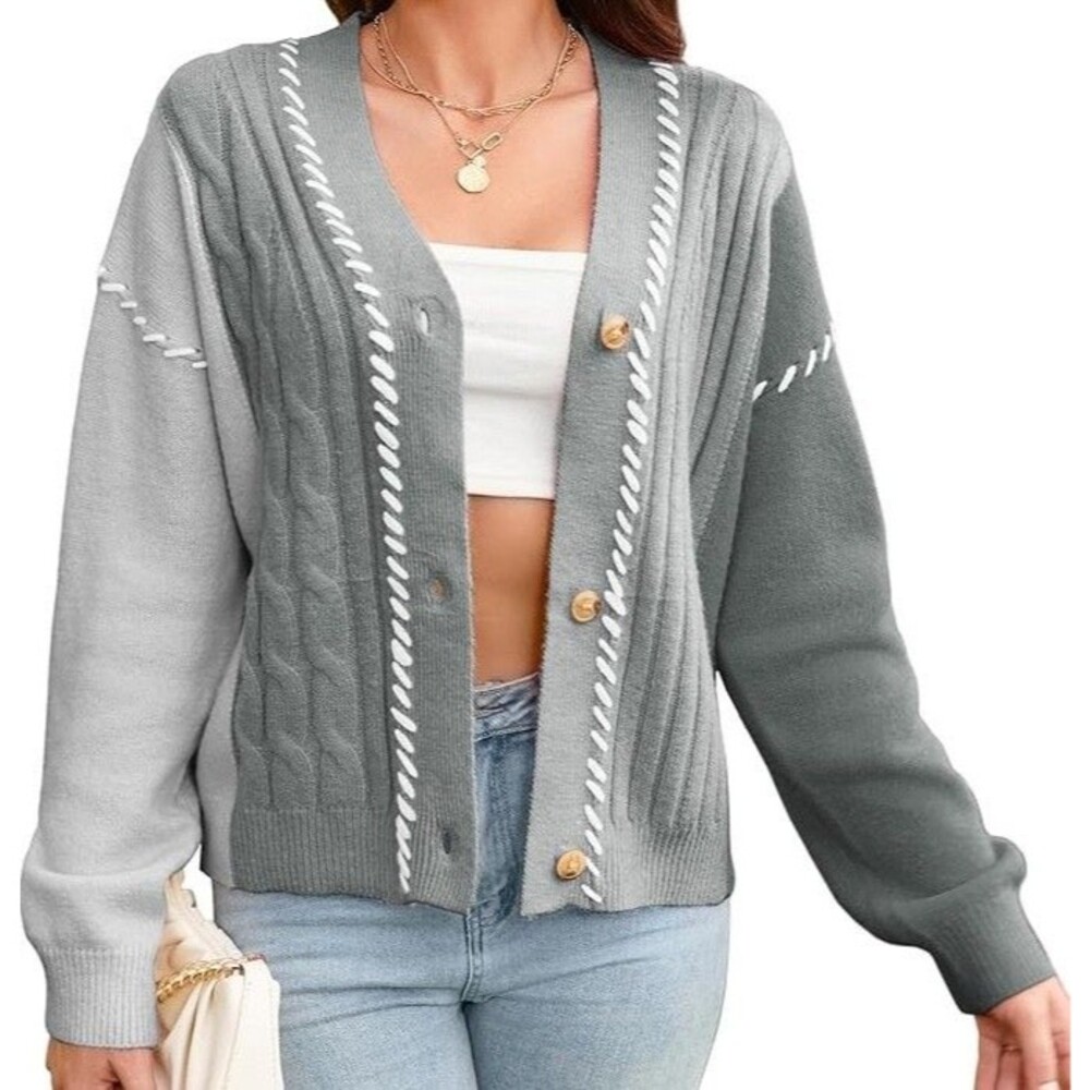 V For City Colorblock Cable Knit Cardigan Sweater Womens Size L Gray Button Nwt